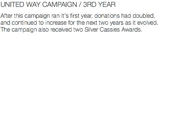 UNITED WAY CAMPAIGN / 3RD YEAR After this campaign ran it's first year, donations had doubled, and continued to increase for the next two years as it evolved. The campaign also received two Silver Cassies Awards. 